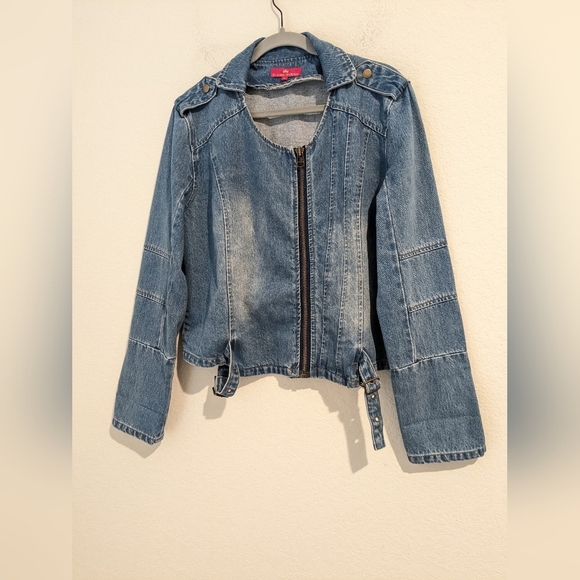 Elaine Turner Medium Wash Faded Asymmetric Full Zip Denim Jean Moto Jacket Biker - Picture 3 of 10